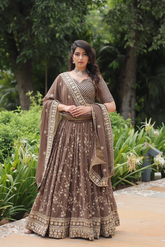 Charming Heavy Embroidery Sequence Work Beige Color Lehengha Choli