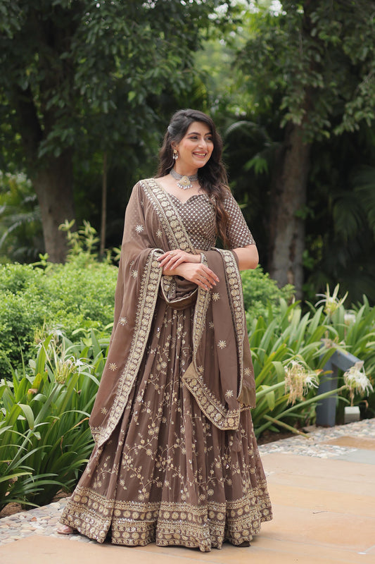 Charming Heavy Embroidery Sequence Work Beige Color Lehengha Choli