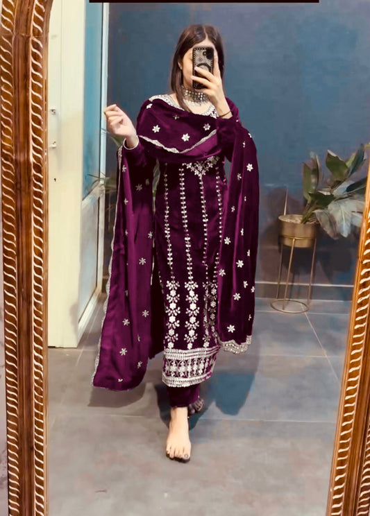 Awesome Wine Color Velvet 5mm Sequence Work Salwar Suit