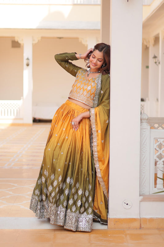Designer Chinon Silk Yellow Mehndi Color Lehenga Choli