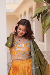 Designer Chinon Silk Yellow Mehndi Color Lehenga Choli Designer Chinon Silk Yellow Mehndi Color Lehenga Choli