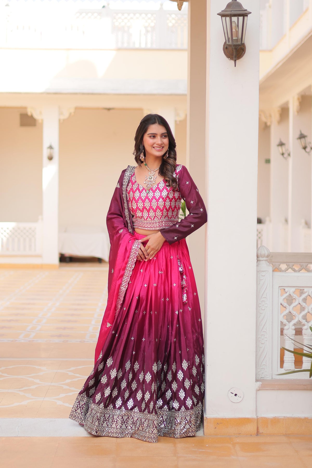 Designer Chinon Silk Pink Purple Color Lehenga Choli