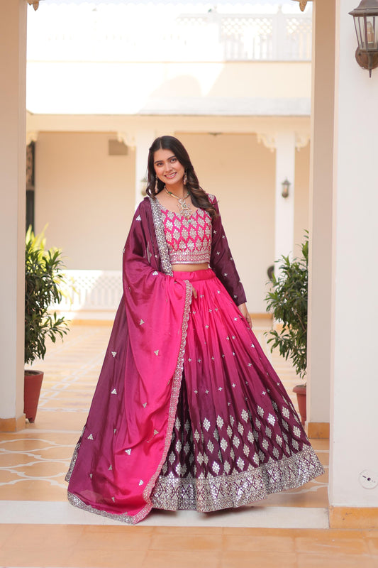 Designer Chinon Silk Pink Purple Color Lehenga Choli