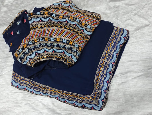 Elegant Navy Blue Georgette with Embroidery Work Saree