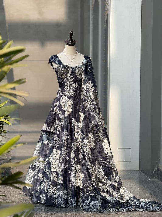 Exclusive Black Organza Embroidery Sequence Work Lehenga