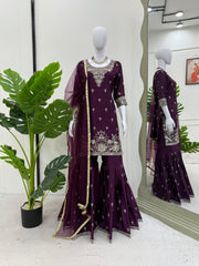 Delightful Wine Color Sequence Work Sharara Suit Delightful Wine Color Sequence Work Sharara Suit