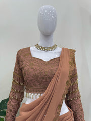 Party Wear Chiku Color Heavy Lehenga Saree Party Wear Chiku Color Heavy Lehenga Saree