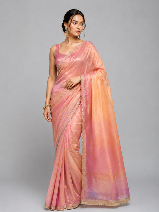 Peach Soft Tissue Silk with Fancy Lace Border Saree