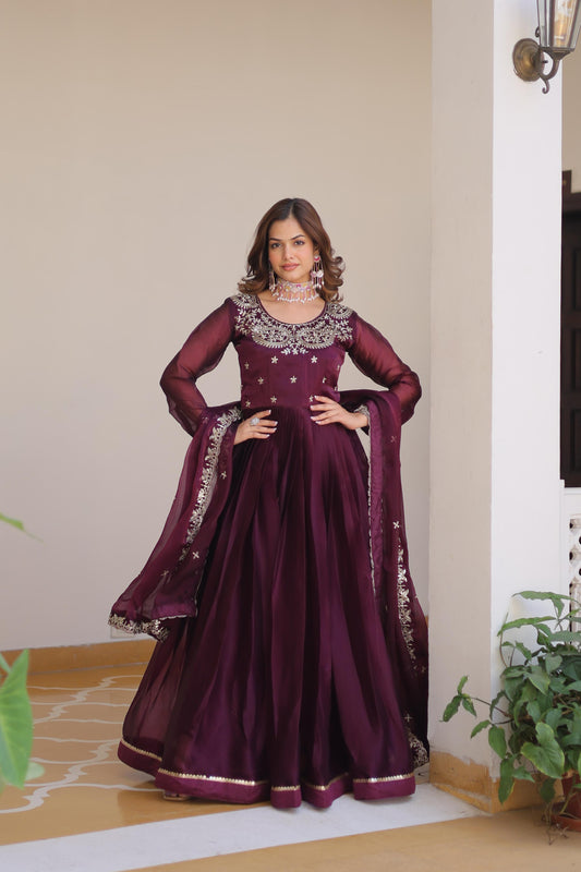 Occasion Wear Burberry Silk Wine Color Gown