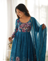 Good Looking Multi Flower Printed Blue Color Anarkali Suit Good Looking Multi Flower Printed Blue Color Anarkali Suit