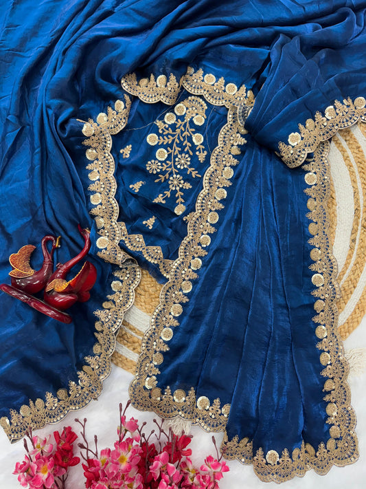 Beautiful Silk Embroidery Work Navy Blue Color Saree