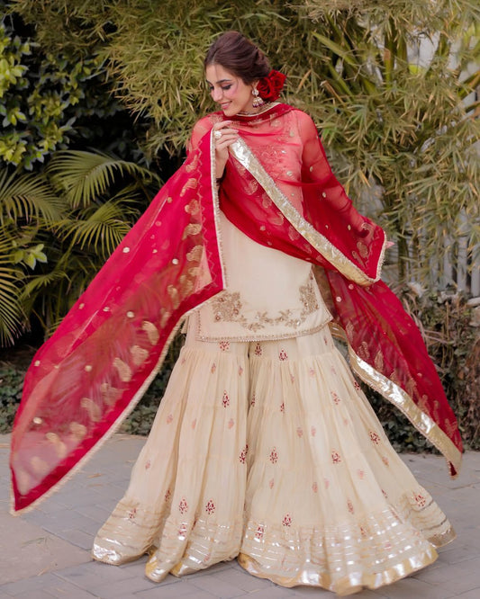 Cream Color Full Stitched Trendy Sharara Suit