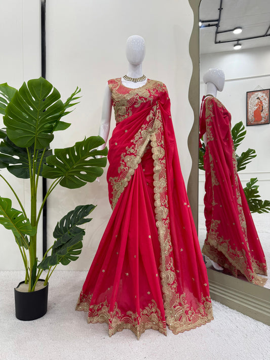 Red Sequence Work Vichitra Silk Saree