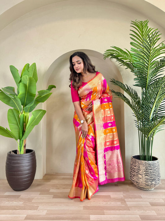 Admiring Benarasi Silk Multi Color Orange Pink Saree