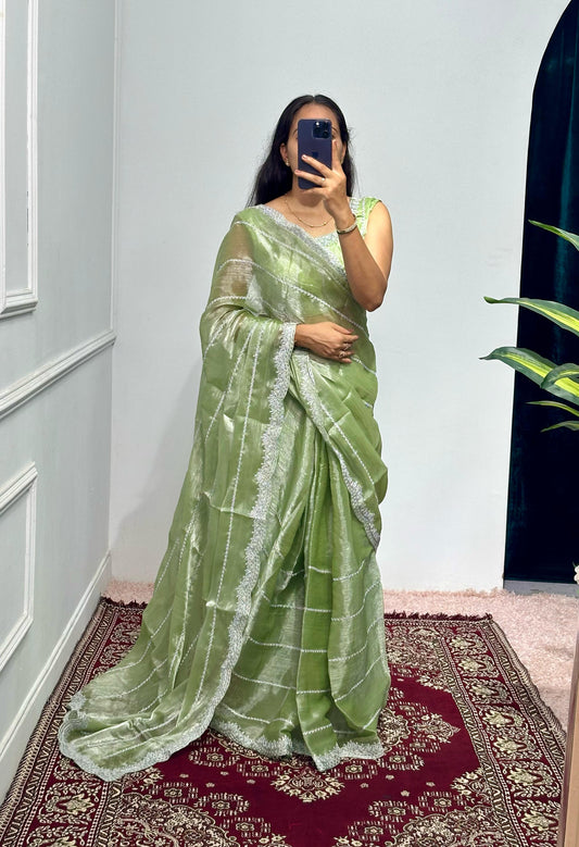 Peaceful Embroidery Zari Work Green Color Saree