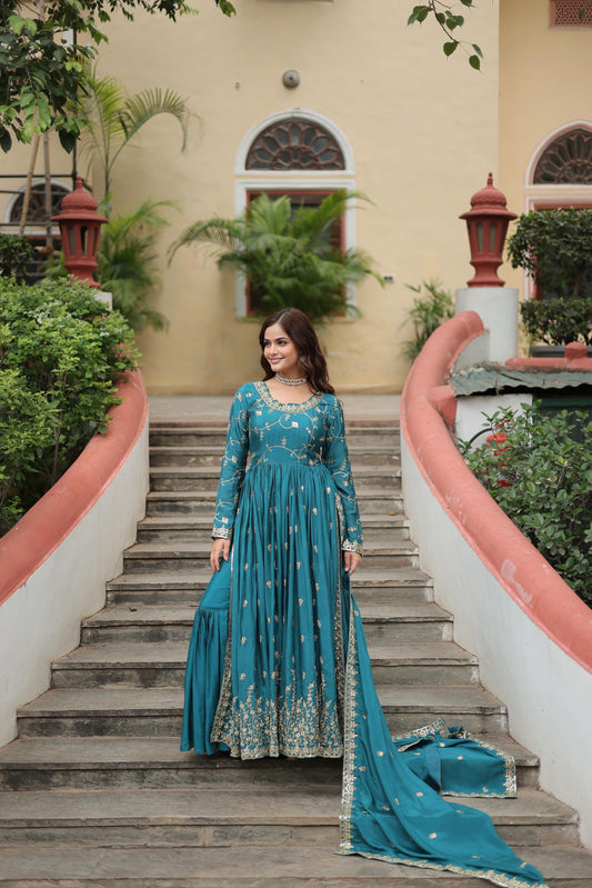 Wedding & Party Wear Embroidered Work Rama Color Sharara Suit