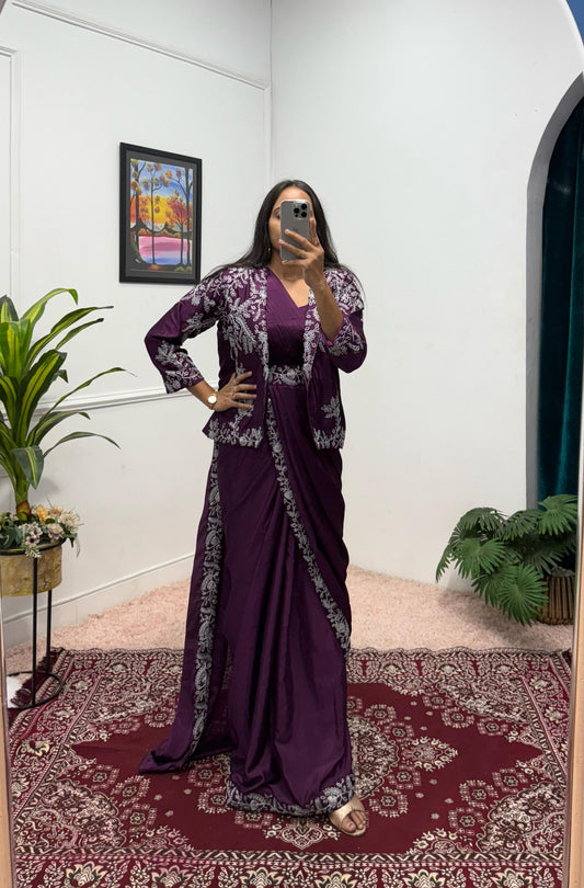 Wonderful Embroidery Work Wine Color Saree With Koti