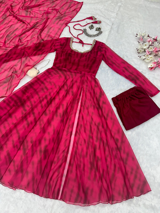 Captivating Georgette Pink Color Mirror Work Anarkali Suit