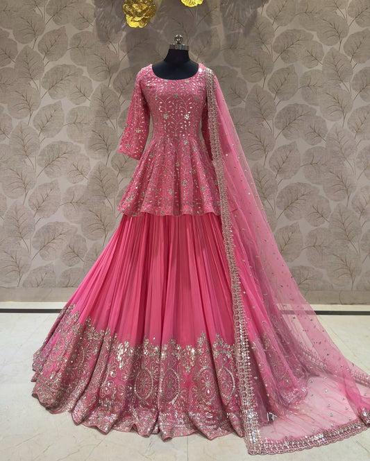 Ravishing Embroidery Work Pink Color Top With Lehenga