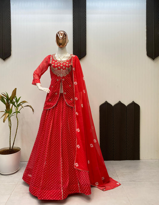 Trendy Red Georgette Printed Lehenga Choli