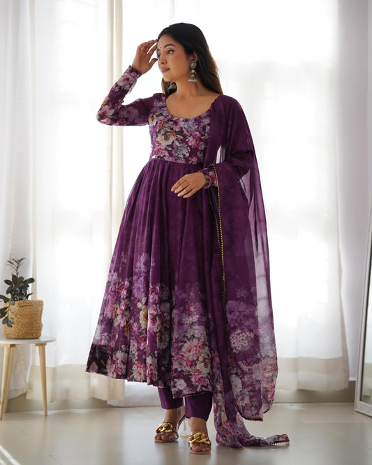 Good Looking Multi Flower Printed Wine Color Anarkali Suit