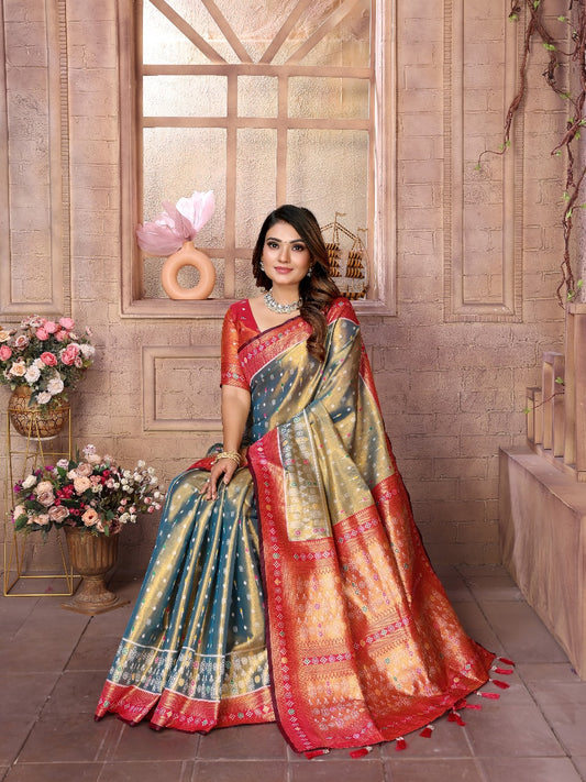 Ravishing Banarasi Tissue Silk Teal Blue Color Saree