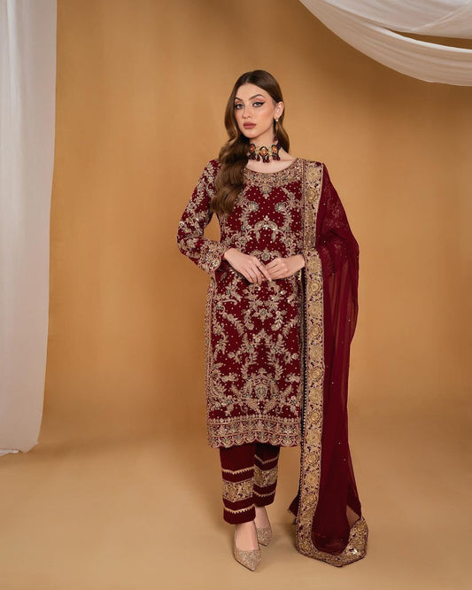 Preferable Maroon Color Embroidery Work Salwar Suit
