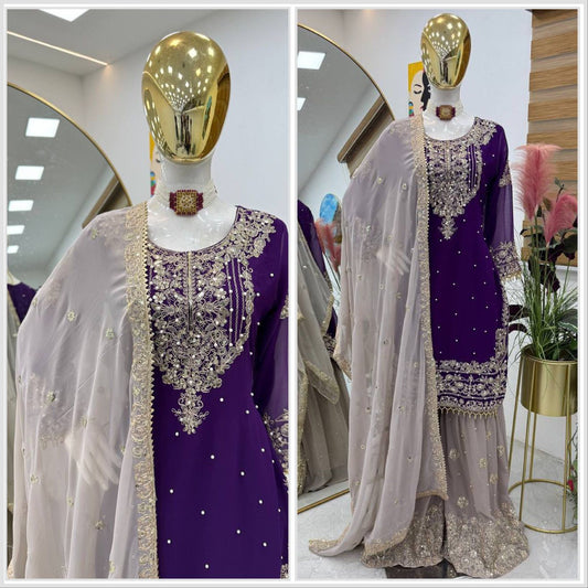 Decent Georgette Purple Color Sharara Suit