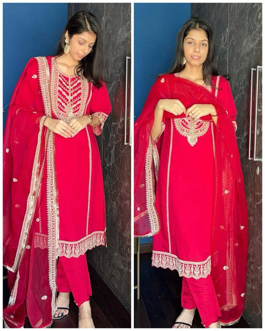 Delightful Embroidery Work Red Color Salwar Suit