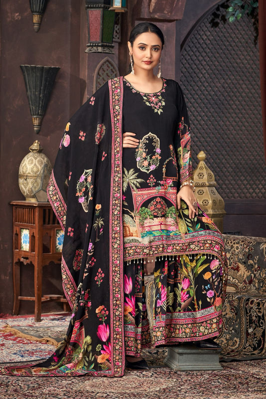 Digital Print Black Color Mirror Work Palazzo Suit