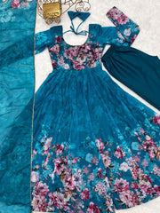 Good Looking Multi Flower Printed Blue Color Anarkali Suit Good Looking Multi Flower Printed Blue Color Anarkali Suit