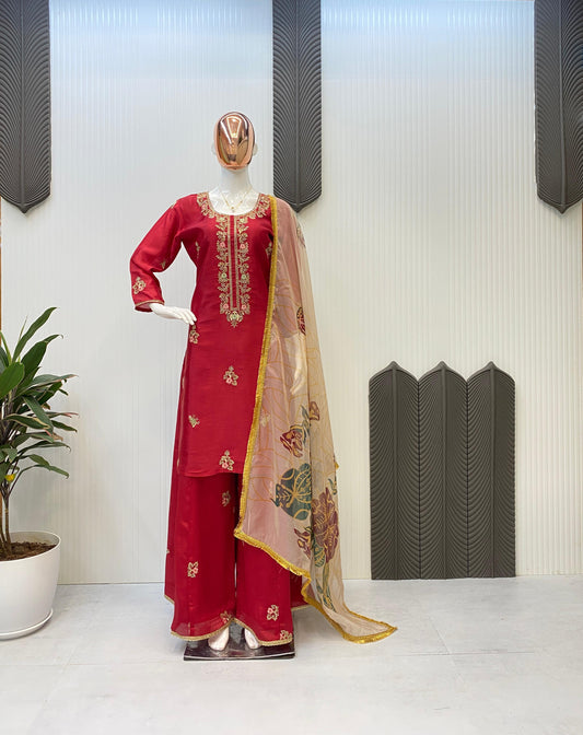 Designer Sequence Embroidery Work Red Color Palazzo Suit