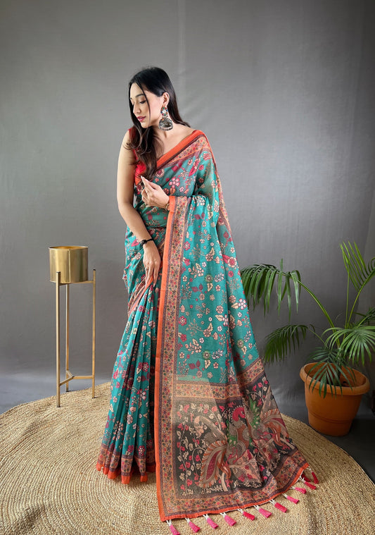 Blissful Malai Cotton Sky Blue Color Saree