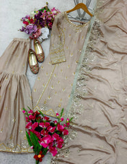 Stunning Embroidery Work Beige Color Sharara Suit Stunning Embroidery Work Beige Color Sharara Suit