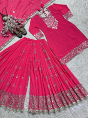 Beautiful Embroidery Sequence Work Pink Color Sharara Suit Beautiful Embroidery Sequence Work Pink Color Sharara Suit