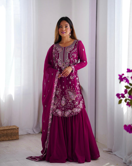 Fantastic Georgette Wine Color Sharara Suit