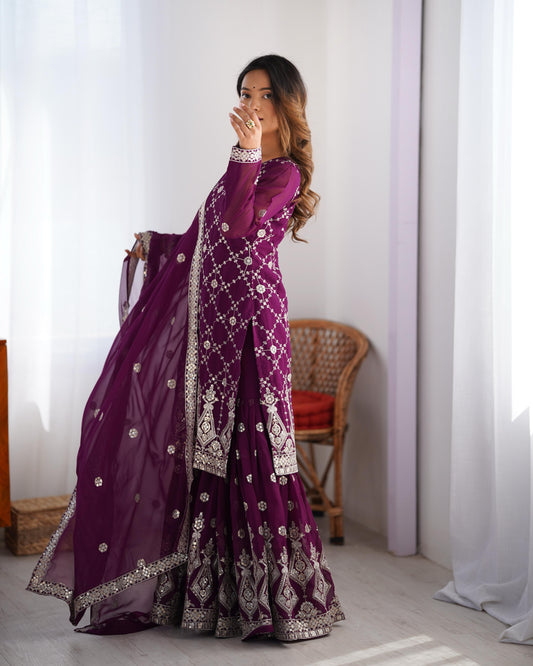 Fantastic Georgette Thread Work Wine Color Sharara Suit