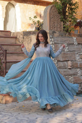 Gorgeous Embroidery Beads Sequins Work Sky Blue Color Gown Gorgeous Embroidery Beads Sequins Work Sky Blue Color Gown