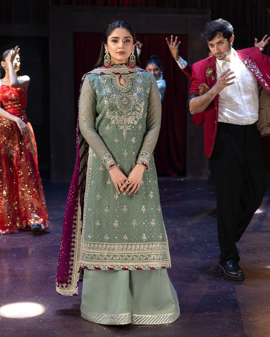 Fantastic Green Color Embroidery Work Top with Palazzo Suit