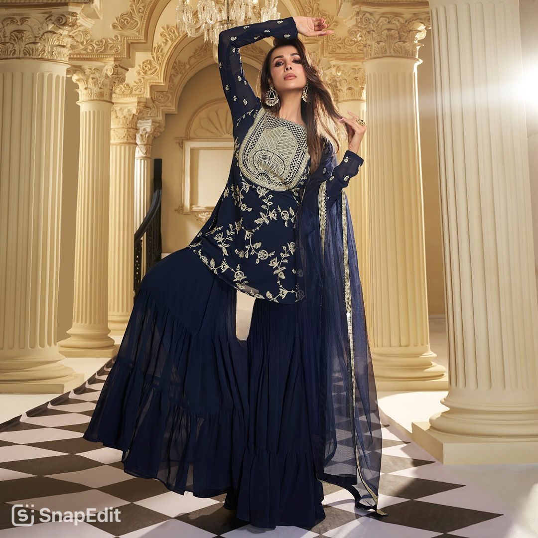 Function Wear Embroidery Work Navy Blue Color Sharara Suit
