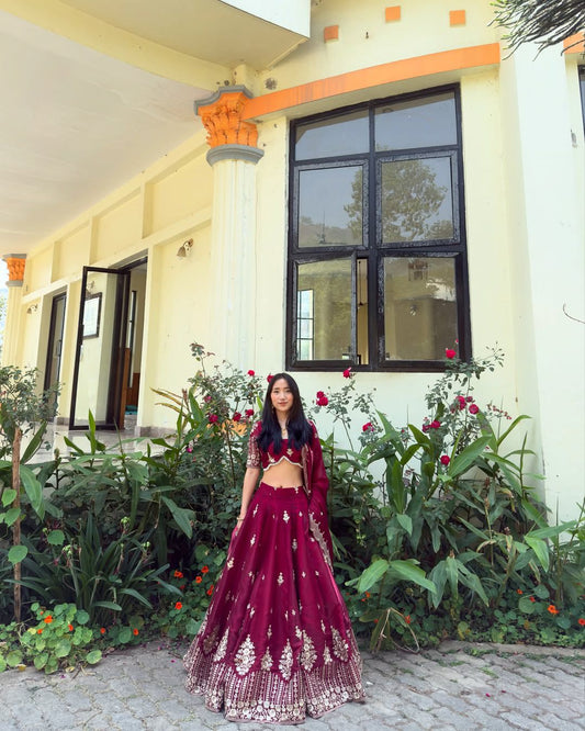 Ceremony Wear Heavy Work Marron Color Lehenga Choli