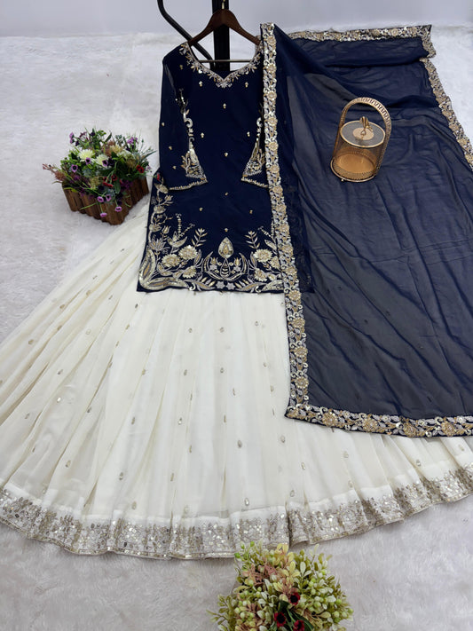 Designer Embroidery Work Navy Blue Color Top With Lehenga