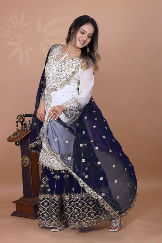 Exclusive Heavy Work White Color Suit Navy Blue Sharara