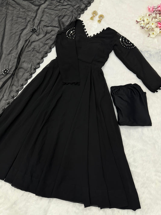 Precious Georgette Mirror Work Black Color Anarkali Gown