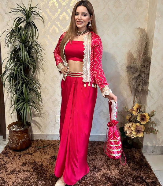 Wedding & Party Wear Embroidery With Moti Work Red Color Dhoti Suit With Koti