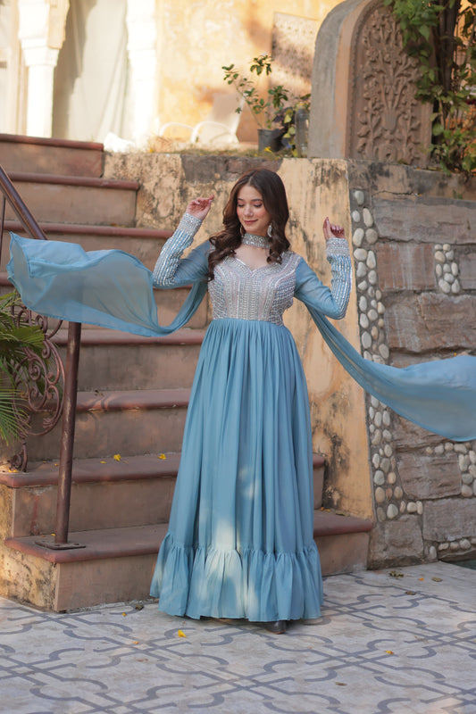 Gorgeous Embroidery Beads Sequins Work Sky Blue Color Gown