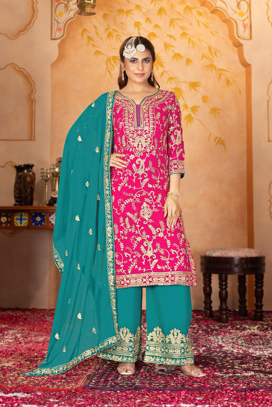 Classic Heavy Work Pink Color Palazzo Suit