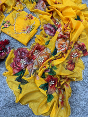 Classy Floral Print Yellow Color Cut Work Saree Classy Floral Print Yellow Color Cut Work Saree