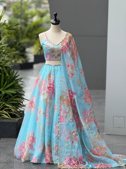 Lovely Blue Organza Embroidered Lehenga Choli