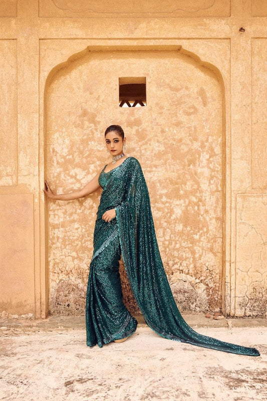Fantastic Sequence Work Teal Blue Color Designer Saree